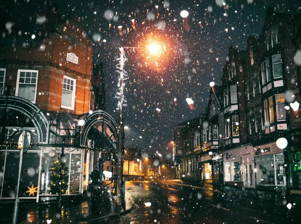 Snow in the city during Christmas time